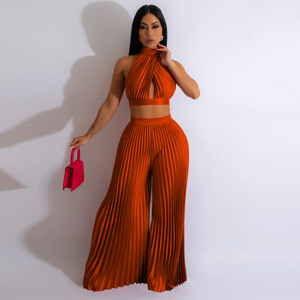 Women's Halter Silk-like Pleated Wide-leg Pants Two-piece Set