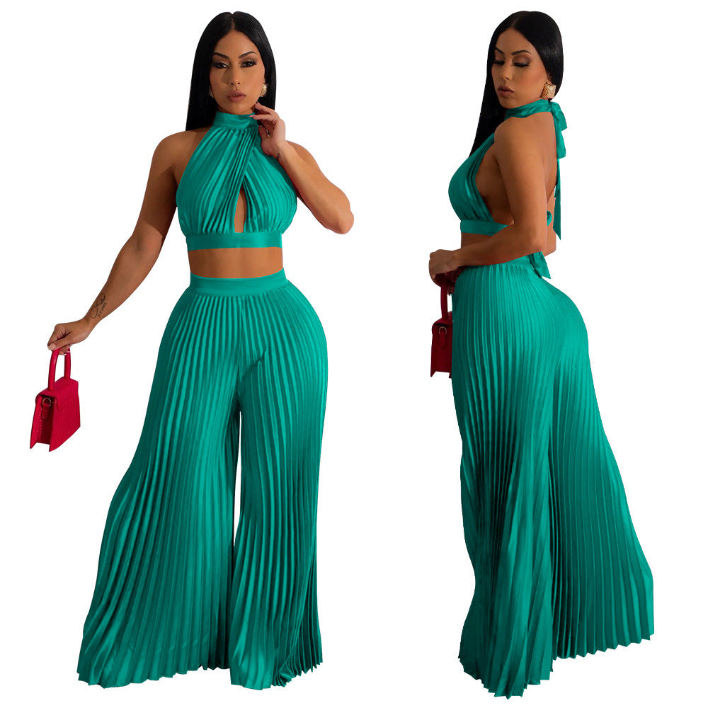 Women's Halter Silk-like Pleated Wide-leg Pants Two-piece Set