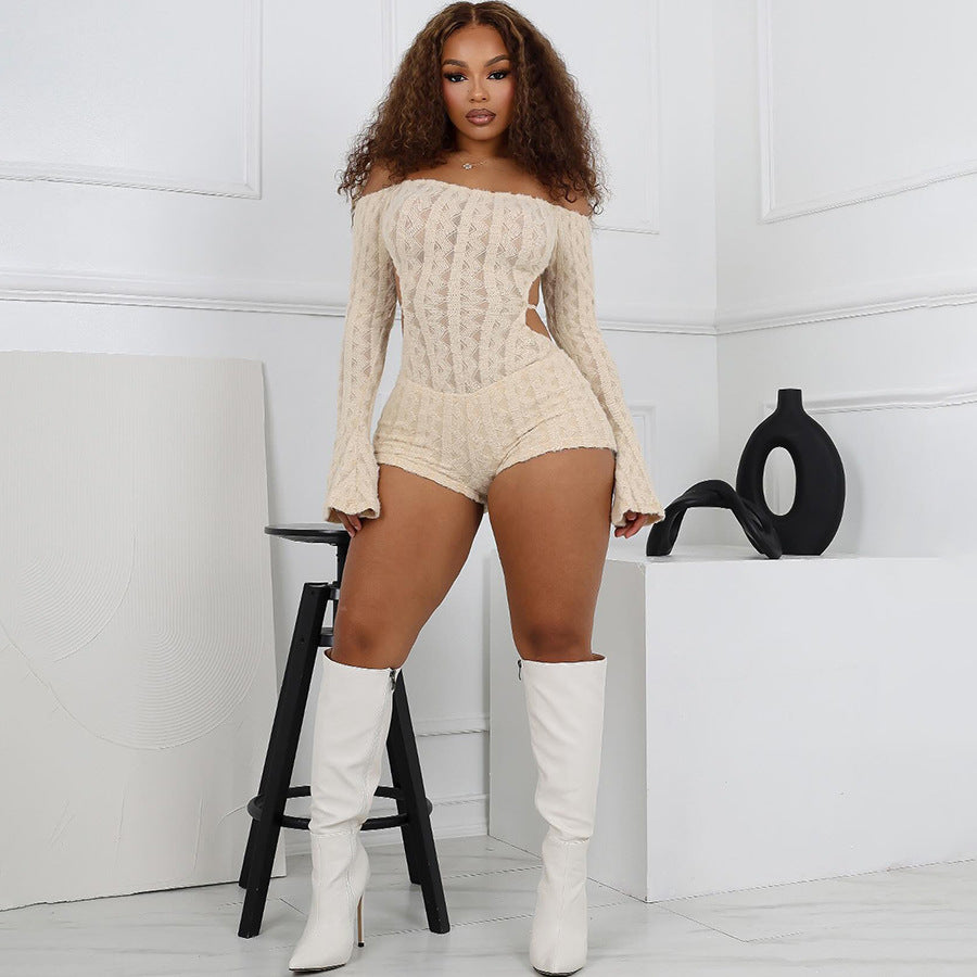 European And American Fashion Sexy Strapless Long Sleeve High Waist Figure Flattering Sheath Jumpsuit