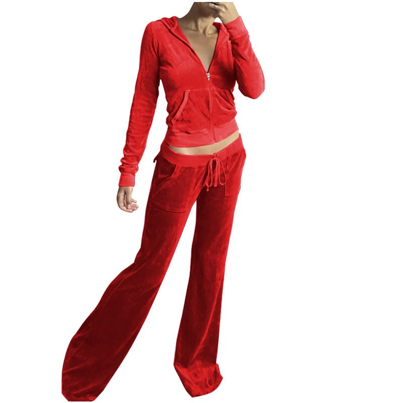 Casual Solid Color Velvet Wide Leg Pants Two-piece Set