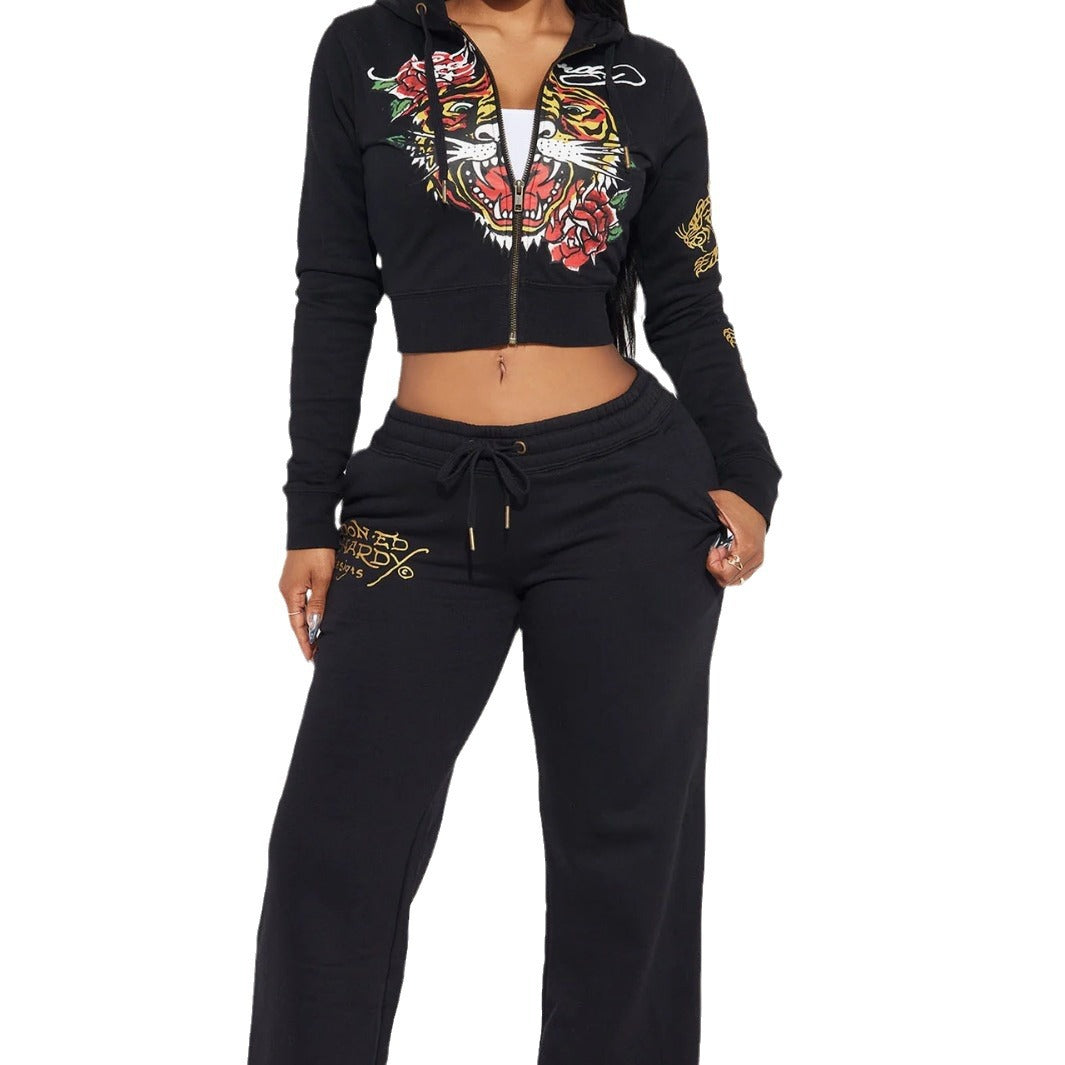 Fashion Casual And Comfortable Painted Zipper With Printed Two-piece Suit