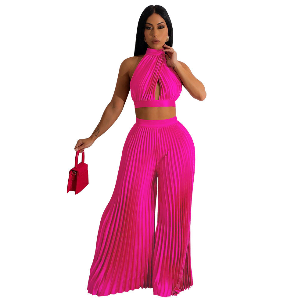 Women's Halter Silk-like Pleated Wide-leg Pants Two-piece Set